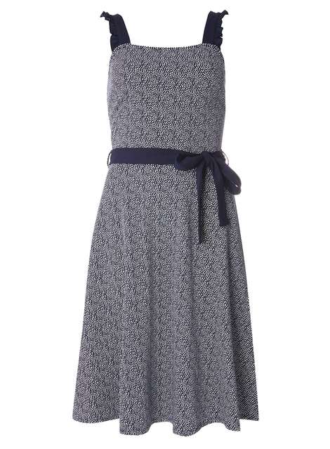 **Tall Navy Spotted Ruffle Sundress with Belt